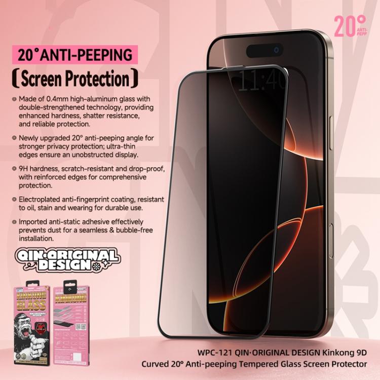 WK WTP-121 Qin-Original Design 9D Curved 20-degree Privacy Tempered Glass Screen Protector iPhone 17/16 Series - Image 4